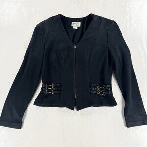 Vtg Jeffrey Dara Black Ribbed Zip Cardigan Gold Horsebit Waist 10 M Grandmacore